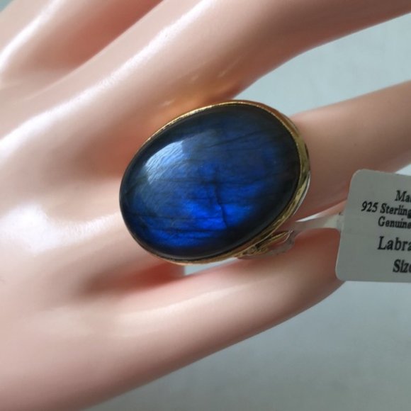 YS INDIA Oval Labradorite Bee Light Blue Ring sterling silver 925 & Brass sz.9 - Picture 2 of 16